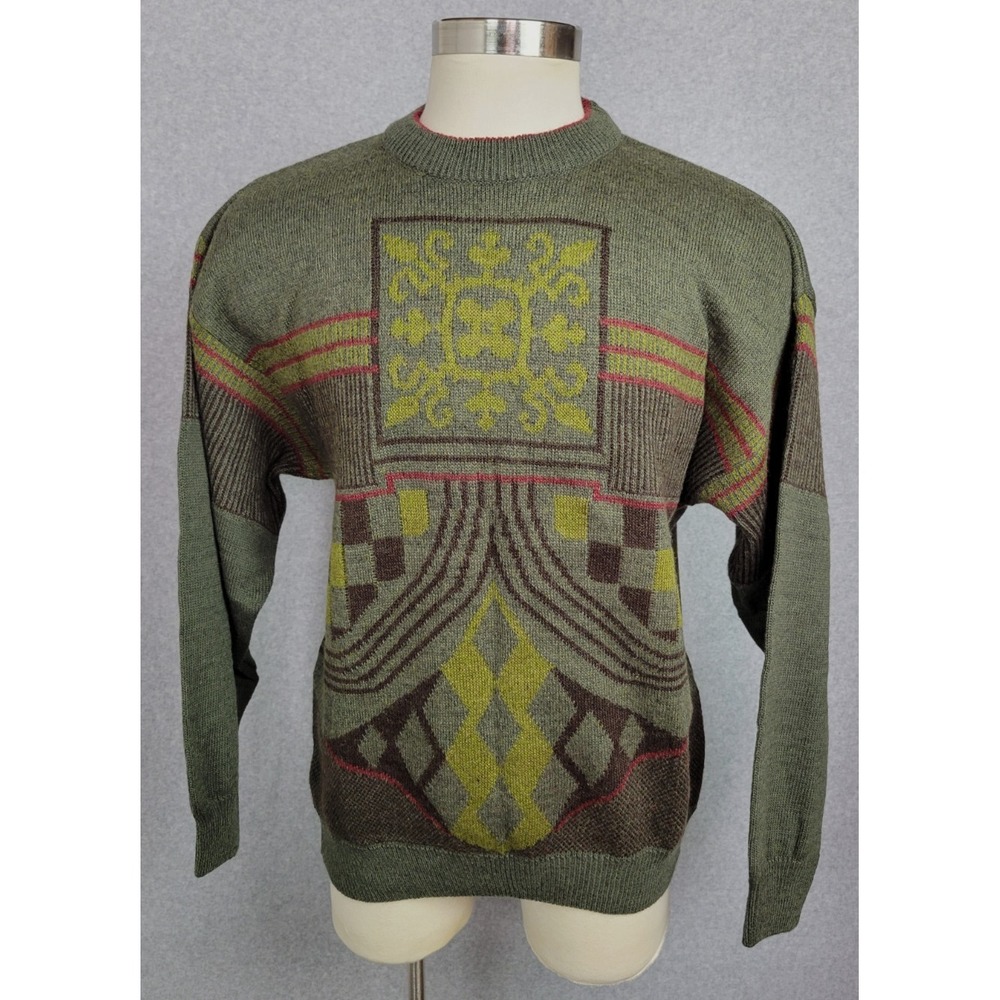 Vtg 90s NWT Modango Mens Geometric Abstract Wool Alpaca Blend Sweater Olive XL‎